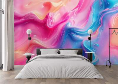 Vivid abstract fluid waves in bright pink, orange, and blue colors creating a dynamic and vibrant composition Generative AI Wall mural