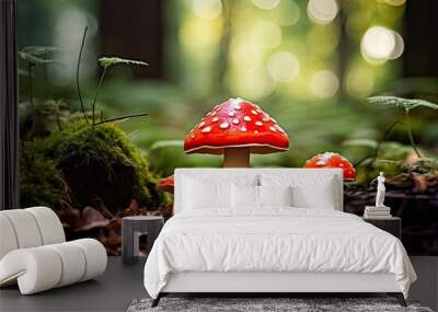 Whimsical Fly Agaric Mushrooms Nestled in Mossy Forest Enchantment. Generative AI Wall mural