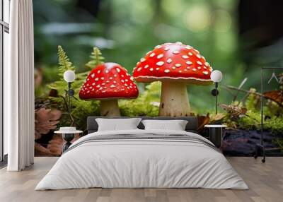 Whimsical Fly Agaric Mushrooms Nestled in Mossy Forest Enchantment. Generative AI Wall mural