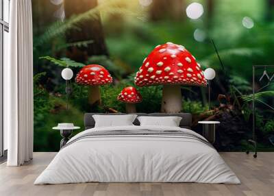 Whimsical Fly Agaric Mushrooms Nestled in Mossy Forest Enchantment. Generative AI Wall mural