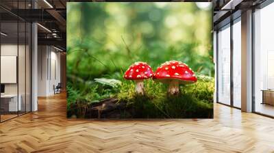 Whimsical Fly Agaric Mushrooms Nestled in Mossy Forest Enchantment. Generative AI Wall mural