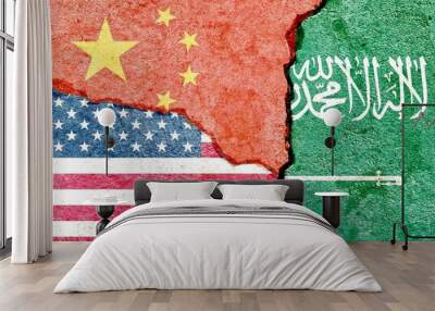 Saudi Arabia VS China VS US (United States) national flags icon on broken concrete wall with cracks background, abstract Saudi Arabia China USA international politics relationship conflicts concept Wall mural