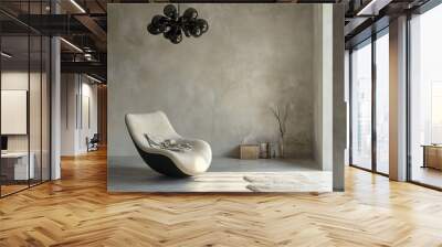 A serene minimalist interior with a sculpted chair, wooden stool, and decorative elements. Warm, earthy tones dominate. Wall mural