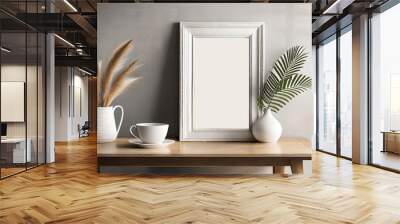 Mockup of an empty wooden picture frame hanging on a beige wall background. Boho-shaped vase with dried flowers on a table. Cup of coffee and old books, white coffee cup on a table Wall mural