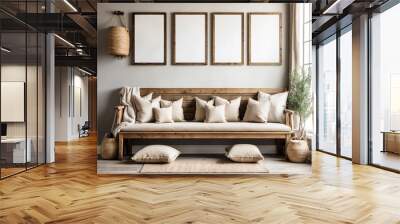 Wooden rustic bench with pillows against wall with two poster blank frames. Country farmhouse interior design of modern home Wall mural