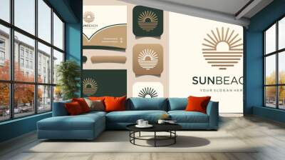 Ocean Sun Wave Logo Design Template and business card design Wall mural