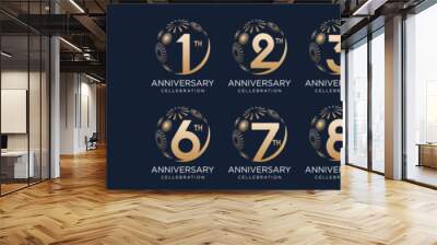 set of 1 to 10th anniversary logotype design, with golden fireworks for celebration event, wedding, and birthday, vector illustration Wall mural