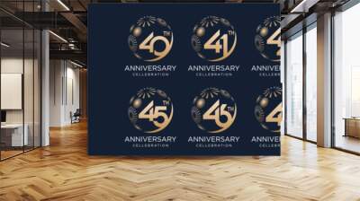 set of 40 to 49th anniversary logotype design, with golden fireworks for celebration event, wedding, and birthday, vector illustration Wall mural