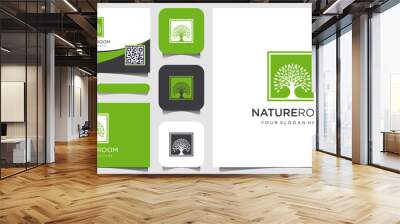 tree logo with square concept design elements. Green Garden Vector Logo Template and business card design Wall mural