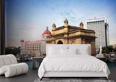 Gateway of India, famous hotel Mumbai Maharashtra monument landmark famous place  magnificent view without people with copy space for advertising Mumbai city Wall mural