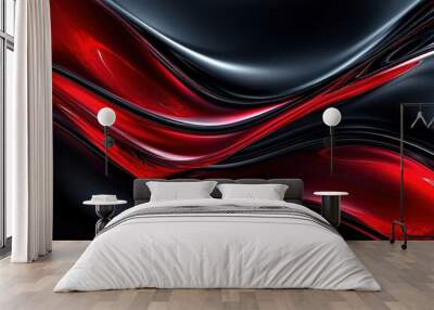 Abstract black and red waves flowing with smooth glossy curves Wall mural