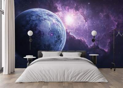 Blue and Pink Planet with Two Suns in Deep Space Wall mural