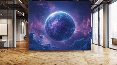 Blue and Pink Planet with Two Suns in Deep Space Wall mural