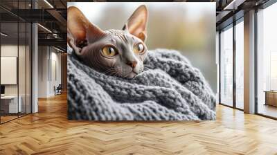 Cozy sphynx cat wrapped in a warm knit blanket by the window Wall mural