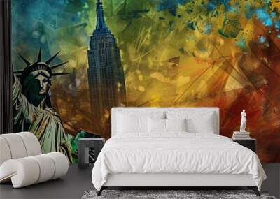 Dynamic Statue of Liberty on Vibrant Abstract Background Wall mural