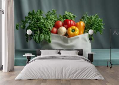 Eco-Bag Full of Fresh Green Vegetables and Fruits Wall mural