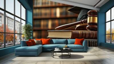 Gavel and Law Books with Graduation Cap in Library Setting Wall mural