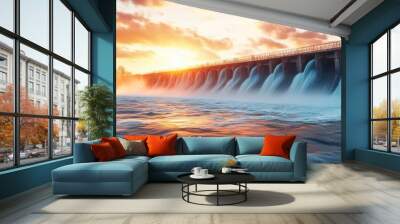 Hydroelectric dam generating clean energy with rushing water and turbines Wall mural