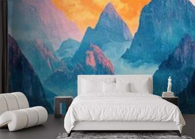 Serene minimalist mountain landscape with bold outlines and large sun Wall mural