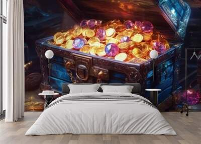 Treasure chest filled with gold coins and gems Wall mural