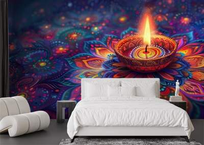 Decorative diwali diya lamp on a rangoli  Wall mural