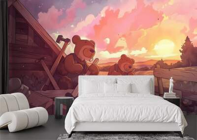 Two teddy bears construct a wooden structure as the sun sets in the picturesque countryside.


 Wall mural