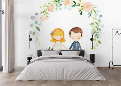 A charming illustration of a couple holding hands under a floral arch, perfect for wedding themes and romantic designs. Wall mural