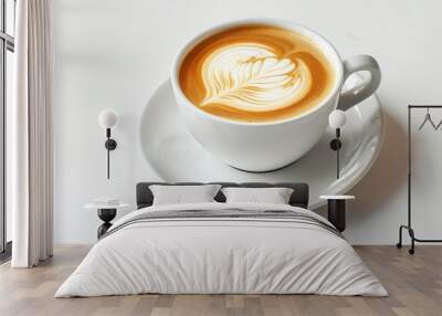 A close-up shot of a white cup filled with a beautifully crafted latte with art on top, placed on a white saucer against a plain background. Wall mural