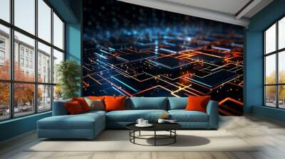 A computer chip with orange and blue lines Wall mural