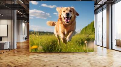 A happy golden retriever is running through a field of grass Wall mural