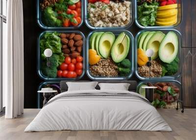 A row of clear containers filled with a variety of fruits and vegetables Wall mural