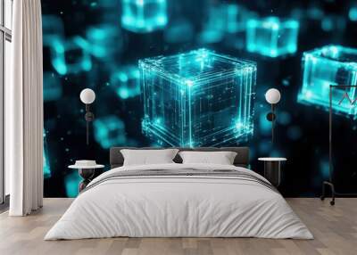 Abstract digital cubes glowing in a dark environment, representing technology, data, and innovation in a futuristic concept. Wall mural