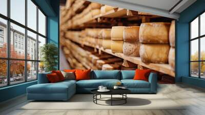 Aging cheese wheels on wooden shelves in a traditional artisanal cheese cellar, showcasing various textures and hues. Wall mural