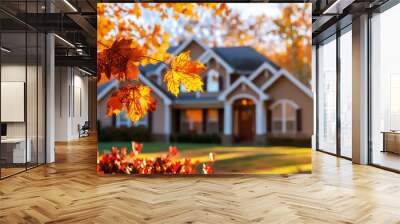 Beautiful suburban house in autumn with sunlit golden leaves. Warm, welcoming home exterior surrounded by fall foliage. high quality. Wall mural