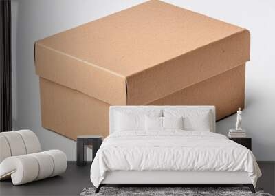 Brown cardboard box with lid, white isolated background. Wall mural