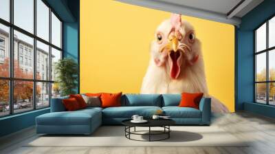 Close-up of a surprised white chicken with a yellow background. A humorous and expressive animal portrait ideal for various uses. Wall mural