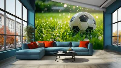 closeup of a soccer ball on a lush green field with the goalposts in the background. This vibrant image captures the essence of the game, perfect for themes related to sports Wall mural