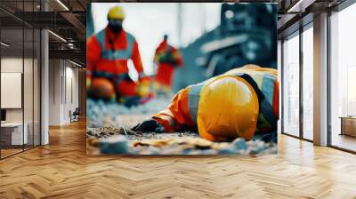 Construction worker lying on the ground, with another worker in the background, illustrating an accident or emergency on a construction site. High Quality Wall mural