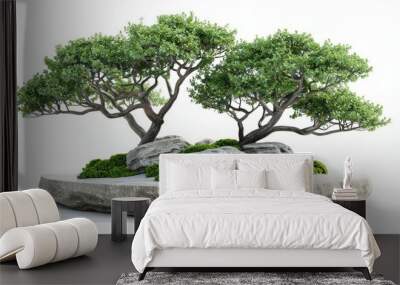 Elegant bonsai arrangement with two mini trees, rocks, and moss on a white background, showcasing Japanese art and tranquility. Wall mural