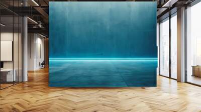 Empty futuristic room with illuminated blue neon lights, concrete floor, and grungy wall, perfect backdrop for modern design or technology projects. Wall mural