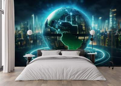 Futuristic digital globe with glowing technology symbols, set against a high-tech cityscape background at night, representing global connectivity. Wall mural