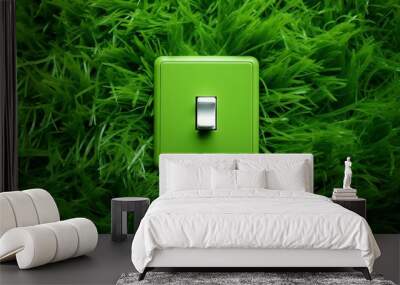 Green light switch on lush grass, symbolizing eco-friendly energy solutions and sustainable living. Bright and vibrant environmental concept. Wall mural