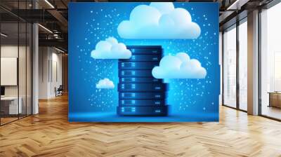 Illustration of cloud computing technology with data servers and floating clouds, representing data storage and connectivity. Wall mural