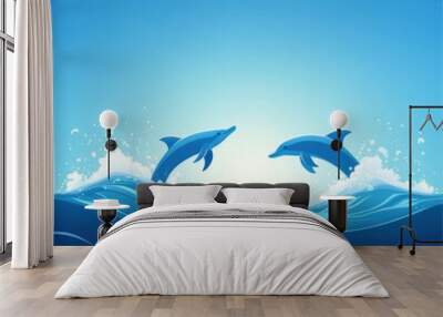 Illustration of two dolphins jumping above ocean waves under a clear blue sky, symbolizing freedom and joy in nature. Wall mural