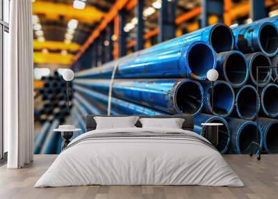 Industrial metal pipes stacked in a warehouse. Close-up of blue steel tubes against a blurred background. Construction materials. High Quality Wall mural