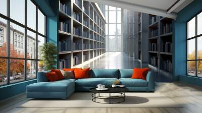 Modern library interior with tall bookshelves, natural light streaming through large windows, creating an inspiring study environment. Wall mural