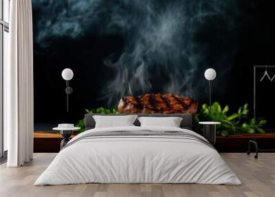 Succulent grilled steak with char marks and steam, served on a bed of fresh green herbs, against a black background. Perfect for culinary images. Wall mural