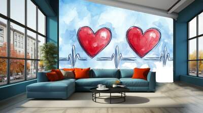 Two red hearts with a heartbeat line, watercolor style on a soft blue background. Wall mural