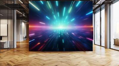 Vibrant abstract background with dynamic neon light streaks creating a futuristic, high-speed warp effect, perfect for technology visuals. Wall mural