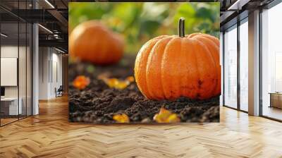 Vibrant orange pumpkin growing in a lush garden. Perfect for autumn themes, harvest festivals, and seasonal decorations. Wall mural